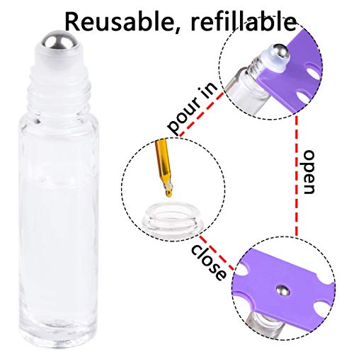 6Pcs 10ml Essential Oil Roller Bottles, with Stainless Steel Roller Balls, 10ml Clear Glass Roll on Bottles for Essential Oils, 1 Extra Roller Ball, 6 Labels, 1 Openers, 2 Droppers Included - color: Clear