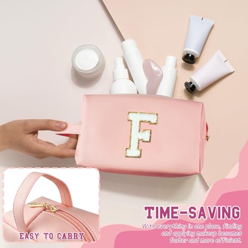 Personalized Initial Makeup Bag with Handle, Preppy Cosmetic Bag with Inner Zipper Pocket, 8 9 10 11 12 13 14 Years Old Girl, Graduation Gifts for Teen Girls Women Teachers (F, Pink) - color: Pink, style: F