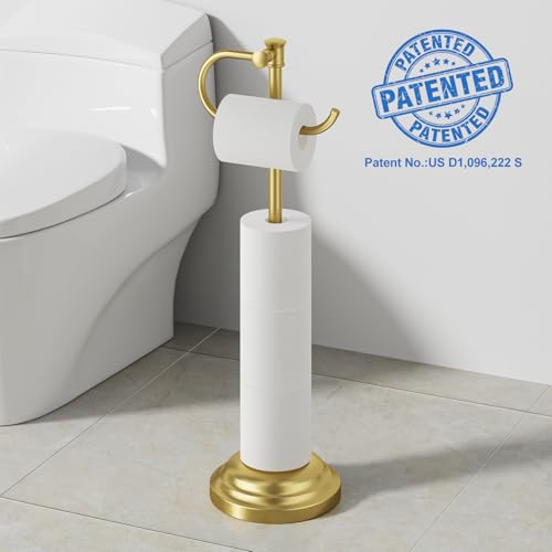 RUMOSE Toilet Paper Holder Stand for Floor, Brushed Gold Bathroom Free Standing Toilet Tissue Roll Holder with Storage, Adjustable 17-25 Inch, SUS304 Stainless Steel - color: Brushed Gold