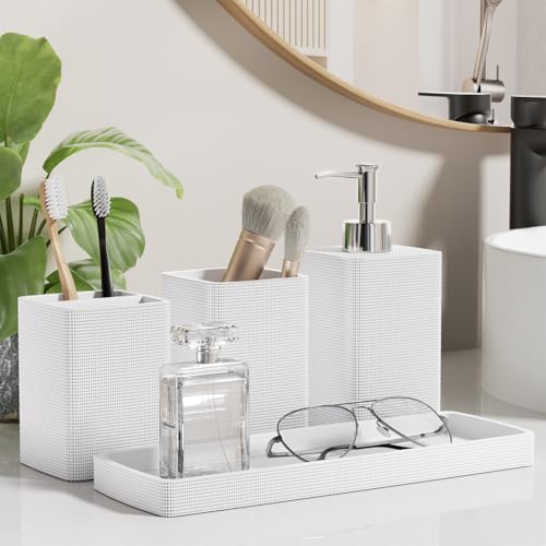 Resin White Bathroom Set, White Bathroom Accessories Set with Shower Curtain, Bath Towel Set, Natural Loofah Sponge, Soap Dispenser, Toothbrush Holder, Bathroom Tumbler and Tray for Bathroom - size: Bath Set+Shower Curtain+Towel Set+2PCS Loofah, style: Wh