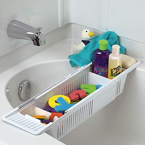 Plastic Bath Tray, Bathtub Holder Non-Slip Telescopic Bathtub Caddy Adjustable Multifunction Storage Tub Shelf Bathtub Stand for Bathroom-White 86x14x10cm(34x5.5x4inch)