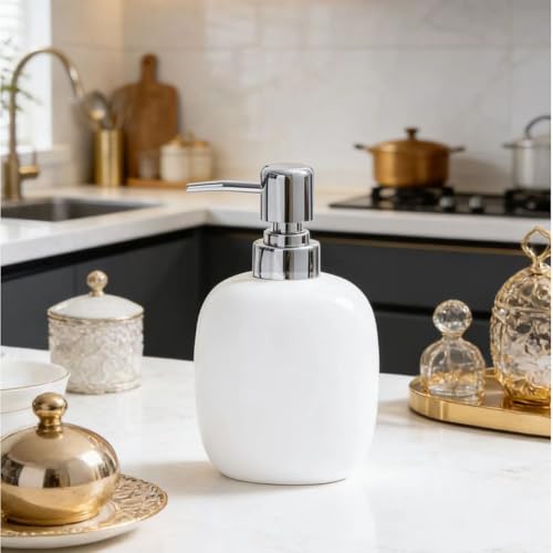 12OZ White Ceramic Soap Dispenser for Bathroom Liquid Hand Dish Pump Soap - color: Oval