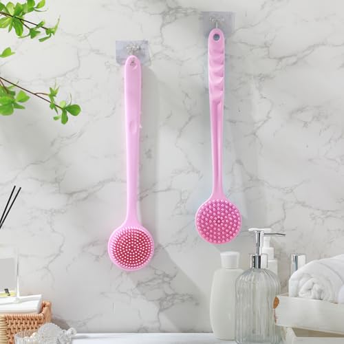 Sunnyray 2 Pack Silicone Back Scrubber for Shower with 15" Long Handle Double-Sided Bath Body Brush for Exfoliating Easy to Clean Quick Dry Deep Cleaning Lathers Well(Pink) - color: Pink