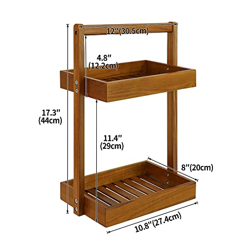 Utoplike Teak Wood Shower Caddy Corner, 2 Tier Bathroom Organizer Countertop, Standing Shower Rack with Handle, Stand Up Shower Basket for Shampoo, Shelf Rack for Inside Shower, Kitchen Desktop - color: 2 tier