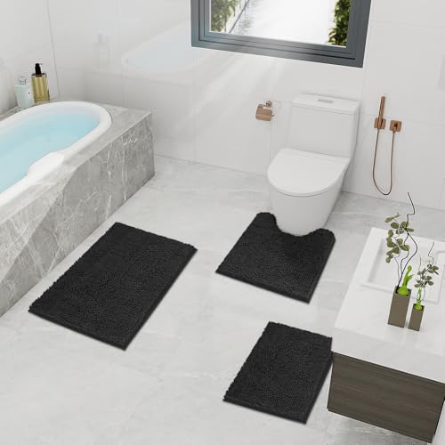 TREETONE Bathroom Rugs Sets, Thick Soft Absorbent 3 Piece Chenille Bath Rugs, Non-Slip, Dry Quickly, Machine Washable, Shaggy Mats with U-Shaped Toilet Rug for Bathroom Floor, Tub and Shower, Black - color: Black, size: 16"x24"+20"x32"+U Shape 20"x20"