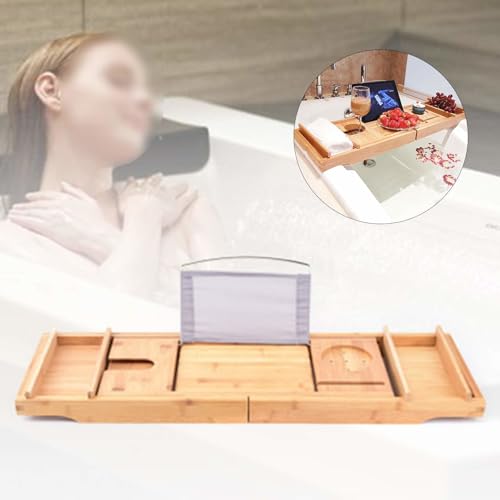 Bath Caddy Tray Bamboo Bathtub Tray Caddy Expandable with Wine Glass Holder and Book Stand