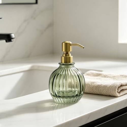 Round Bathroom Soap Dispenser Green Bottle Brushed Gold Pump, Stainless Steel Pump Liquid Soap Dispenser Sphere Countertop Hand Kitchen - color: Green and Brushed Gold Pump, size: 11oz-Round