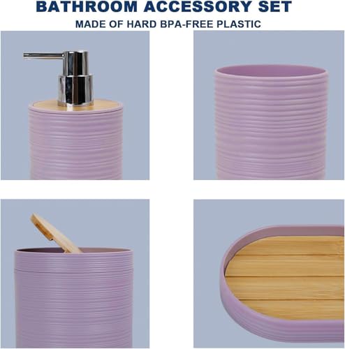 CERBIOR Bathroom Accessories Set 6 Piece Bamboo Bath Ensemble Includes Soap Dispenser, Toothbrush Holder, Toothbrush Cup, Soap Dish for Decorative Countertop and Housewarming Gift, Sriral Purple - style: Purple