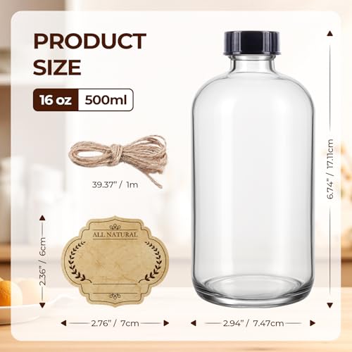 3 Pack,16 OZ Clear Glass Bottles Boston Round Sample Refillable Bottles with Black Caps, Perfect Glass Containers for kombucha, Secondary Fermentation,Storing condiment,Homemade Essential Oils - color: Clear