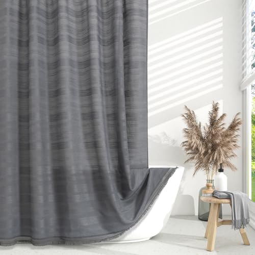 Extra Long Boho Farmhouse Shower Curtain with Tassel, Linen Bohemian French Country Chic Bathroom Shower Curtain Set, Modern Striped Textured Shower Curtain 72x84 - Grey - color: Grey, size: 72"W x 84"L (Pack of 1)
