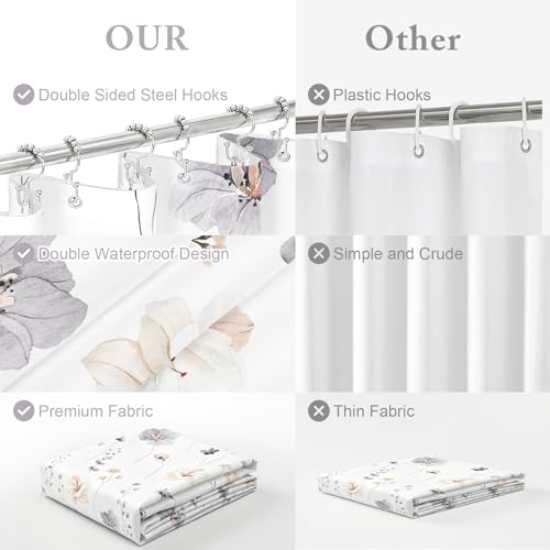 Gibelle Long 3 in 1 Shower Curtain Set, Charcoal Grey Watercolor Floral Bath Curtain and PEVA Liner Set with 12 Double Sided Steel Hooks, Waterproof Fabric Bathroom Curtain 72x78 - color: Charcoal Grey, size: 72"W x 78"L (Pack of 1)