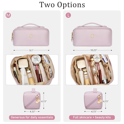 Initial Makeup Bag Gifts for Women Bridesmaid Gifts Travel Toiletry Personalized PU Leather Waterproof Cosmetic Bag (Medium-Pink-C) - color: MediumPink, style: C