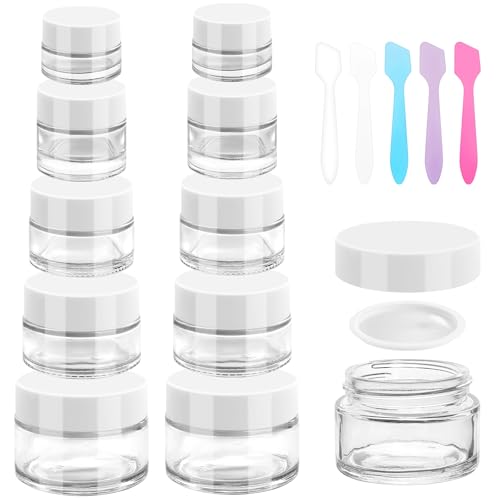 Accmor 10 Pcs Mini Glass Jars with Lids, 0.18/0.35/0.53/0.7/1 OZ Makeup Travel Containers with Inner Liners & 5 Spatulas, LeakProof Reusable Makeup Sample Container for Creams, Lotion, Essential Oils - color: White