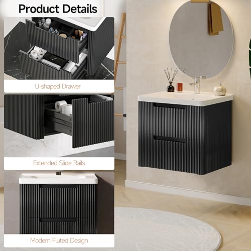 ONBRILL Modern Bathroom Vanity with Sink Combo, Curved Floating Bath Vanity with 2 Drawers, Wall Mount Bathroom Vanities with Integrated Ceramic Sink for Small Space, Apartment (Black, 24") - color: Black, size: 24"