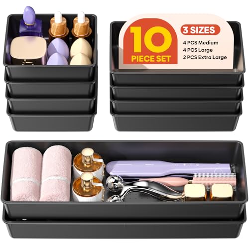 10 Pack Large Size Plastic Drawer Organizers Set, 3 Sizes Desk Drawer Organizer Trays, Storage Bins for Vanity, Makeup, Bathroom, Kitchen Utensils and Office (Black) - color: Black