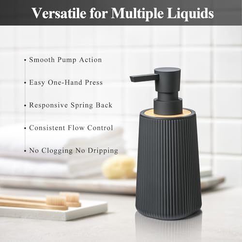 Black Hand Soap Dispenser Set with Bamboo Decor and No Rust Pump for Bathroom and Kitchen Countertops Refillable Striped Matte Plastic 8.5 oz - color: Black Bamboo Set of 2