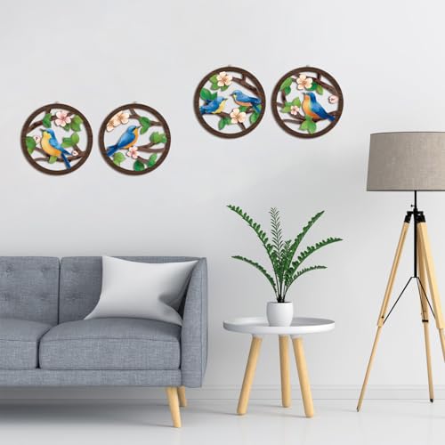 HPNIUB Bird on Birch Tree Branch Wall Decor, Modern Green Leaves Little Birds Laser Cut Artwork, 4 Pieces 10''x10'' Rustic Farmhouse Nature Animals Wall Hanging Plaque for Living Room Bedroom - color: Bird on tree branch