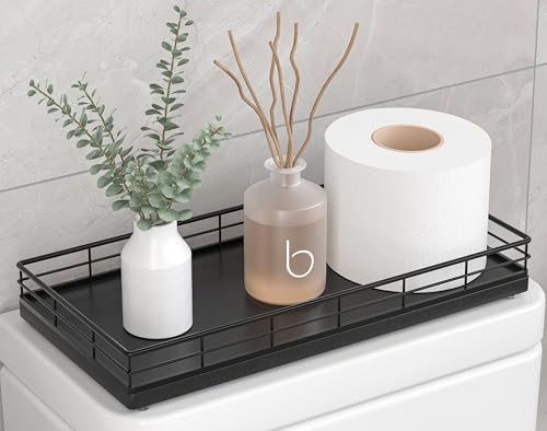 Toilet Paper Basket Organizer, Oak Wood Toilet Tank Tray with Metal Frame | Bathroom Counter Top Storage for Toilet Paper, Wipes & Decor, Modern Narrow Back of Tank Shelf Organizer, Black - color: Black, size: 13" x 6.5" x 2"