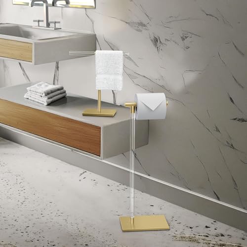 Modern Toilet Paper Holder and Vanity Towel Holder Set, Crystal Clear Acrylic/Brushed Brass Freestanding Tissue Holder, Gatco Luxury Bathroom Housewarming Gift - color: Brushed Brass/Acrylic
