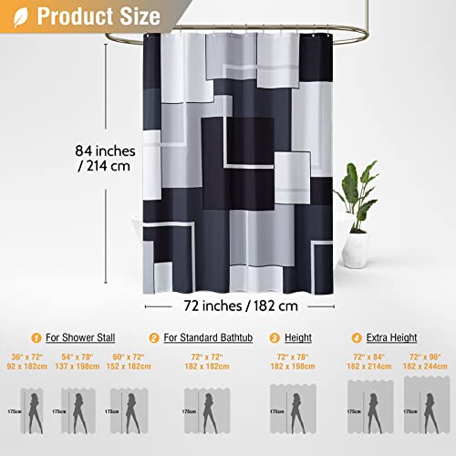 BTTN Extra Long Fabric Shower Curtain - 72 x 84 Inches Long Geometric Cloth Shower Curtain Set with 12 Plastic Hooks, Large Hotel Modern Abstract Polyester Curtains for Bathroom Showers - Black - color: Black, size: 72"W x 84"L (Pack of 1)