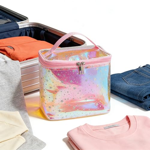 Holographic Star Print Pink Makeup Bag - Portable & Waterproof Barrel-Shaped Toiletry Bag, 8.27x6.7x6.3in Cosmetic Case for Women & Men (Red Star) - color: Holographic pink