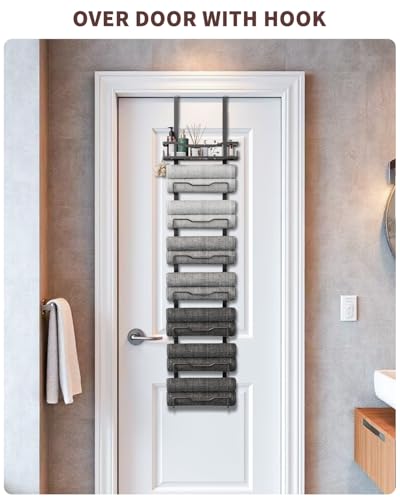 Aetyord Hanging Towel Racks for Bathroom No Drill - Over The Door 8-Tier Bath Towel Storage Organizer for Small Bathrooms - Back Door Large Tiered Towel Holder Hanger for Rolled Towels RV Camper BLACK - color: Black, size: 8 Tier