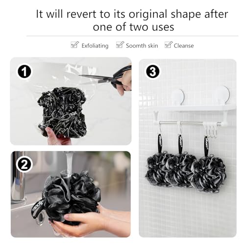 Yoget Bath Loofah Sponge, 4 Pack Black 60G Shower Mesh Ball Soft Pouf Body Scrubber, Exfoliate, Cleanse, Soothe Skin, Black Loofah with White Trim - style: Black