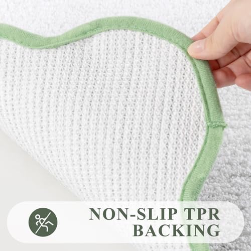 Pauwer Bathroom Rug Sets 3 Piece, Scalloped Bath Rugs, White and Green | Non Slip Washable Bath Mat With U-Shaped Toilet Rug, Extra Absorbent Quick Dry, For Floor Sink - color: White and Green