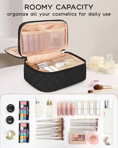 Relavel Small Makeup Bag, Travel Makeup Bag, Cosmetic Bag for Women, 2 Layer Makeup Organizer, Black Make Up Pouch Waterproof, Makeup Brush Holder, Durable Zipper (Black) - color: 01-Black, size: MEDIUM