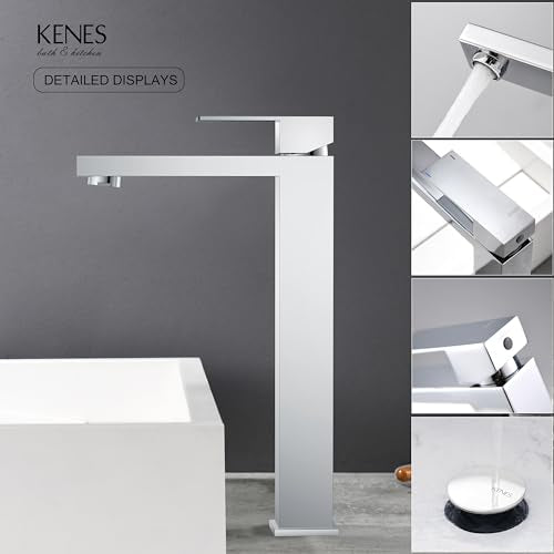 KENES Chrome Bowl Vessel Sink Facuet Single Handle Tall Bathroom Sink Faucet Bathroom Vanity Faucet Basin Mixer Tap with Water Supply Lines and Pop Up Sink Drain, LJ-9031A-5 - color: Chrome, size: Tall