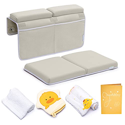 Bath Kneeler with Elbow Rest Pad Set, 1.75 inch Thick Kneeling Pad and Elbow Support for Knee Arm Support, Large Bathtub Kneeling Mat with Toy Organizer for Happy Baby Bathing Time, Beige - color: Beige