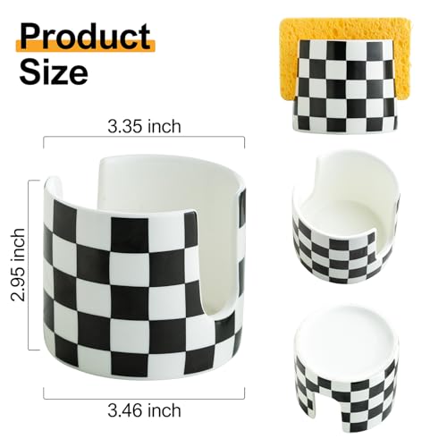 Zoeeker Checkered Kitchen Sink Sponge Holder, Dish Sponge Rack Ceramic Brush Holder Farmhouse Kitchen Drying Rack for Brush, Scrubbers, Bathroom, Sink, Black and White - color: Black and White, size: Cylindrical