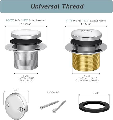 Tip-Toe Bathtub Drain Kit with Two-Hole Overflow Plate, Premium Quality Bath Tub Drain Replacement fits for All Bathtub, Universal Fine/Coarse Thread Bathtub Stopper (Brushed Nickel) - color: Brushed Nickel