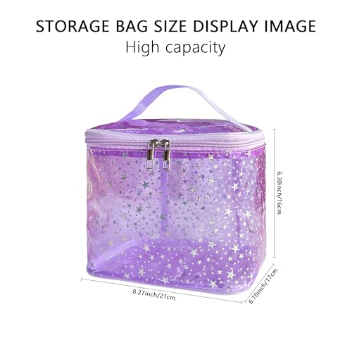 Holographic Star Print Pink Makeup Bag - Portable & Waterproof Barrel-Shaped Toiletry Bag, 8.27x6.7x6.3in Cosmetic Case for Women & Men (Purple Star) - color: Purple Star