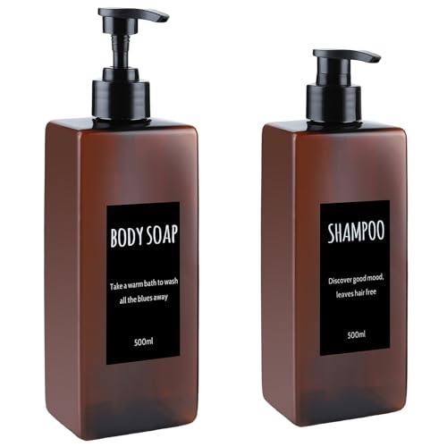 Shampoo and Conditioner Dispenser (Set of 2, 16.9oz) Modern Refillable Shampoo Pump Bottles for Shower Soap - Empty Body Wash Dispenser Set for Bathroom (Amber)
