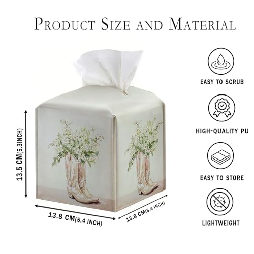 Vintage Flroal Tissue Box Cover Square, Western Tissue Box Decorative Vintage Cowgirl Boots Decor Tissue Holder, Retro Farmhouse PU Leather Cottagecore Decor for Bathroom Kitchen Desk 5.4x5.4x5.3 - color: Vintage Boots Flroal