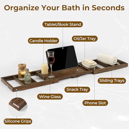 Venusmiles Teak Bathtub Tray Caddy, Foldable Bath Tray with Expandable Handles, Wine Glass and Phone Holders, Book Stand, for Home Spa Relaxation, Luxury Bathroom Accessories - Dark Walnut Color - color: Dark Walnut