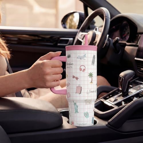SANDJEST Travel Lover Stainless Steel Locking Lid Silicone Straw Tumbler with Handle 40oz, Insulated Stainless Steel Travel Cup for Women Girls Friends, Gift Idea for Birthday Christmas - color: Travel Lover