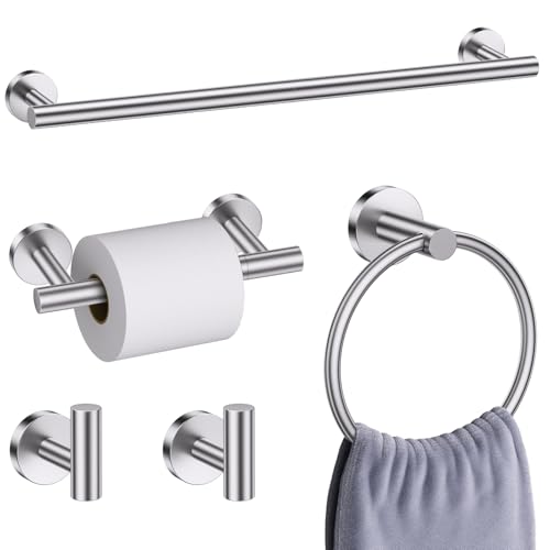 Brushed Nickel Bathroom Hardware Accessories Set, 5 Pieces Round Towel Bar Set Toilet Paper Holder Towel Rail Set for Bathroom Stainless Steel Wall Mounted Bathroom Set,23.6 in - color: Brushed Nickel, size: 5 Pieces A