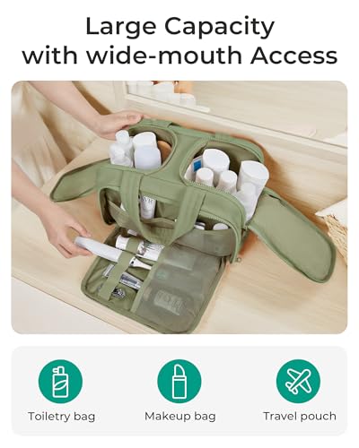 BAGSMART Travel Toiletry Bag, Lightweight Large Wide-open Travel Bag for Women, Puffy Cosmetic Makeup Bag Organizer with Handle for Accessories,Essentials, Toiletries, Green - color: e-Army Green