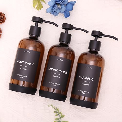 Shampoo and Conditioner Dispenser Set of 3,Refillable 21oz Shampoo Bottles with Non-Slip Protective Silicone Pad,Shower Soap Dispenser with Waterproof Labels for Bathroom (Amber) - color: Amber Bottles + Black Pumps