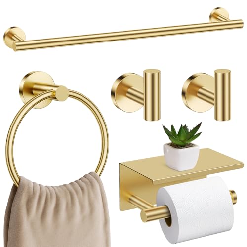Brushed Gold Bathroom Hardware Set, 5 Pieces Gold Towel Bar Bathroom Accessories, Upgraded Toilet Paper Holder with Shelf Set, 23.6 Inch Towel Rack Towel Holder for Bathroom Wall - color: Brushed Gold, size: 5 Pieces B