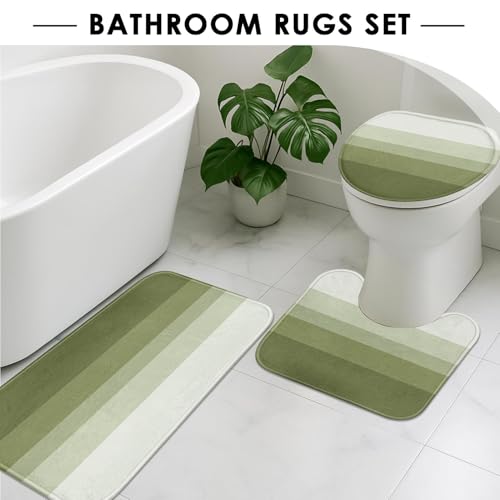 Striped Green Shower Curtain Set with Toilet Lid Cover and Non-Slip Rugs for Bathroom, Minimalist Neutral Ombre 4 Pcs Shower Curtain, Modern Bathroom Set with 12 Hooks - color: Ombre Green
