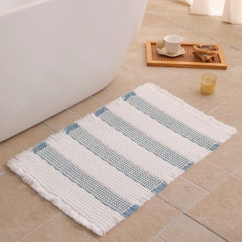 Waffle Bath Mat Non Slip, Boho Bathroom Rug, Super Absorbent Quick Dry Bathroom Mat, Soft Farmhouse Bath Rug with Tassels, Small Washable Shower Mats for Floor 20"x32", White and Blue - color: Blue and White, size: 1'8" x 2'8" (Rectangular)
