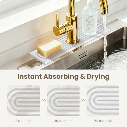Diatomite Faucet Mat for Kitchen Sink, Quick-Dry Stone-Like Sink Mat, Flat Lay Absorbent Countertop Drying Mat for Faucet Area, Hard Diatomite Mat, White, 15.8 x 4 in - color: White-D