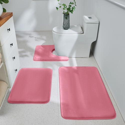 HUXMEYSON Bathroom Rugs Sets 3 Piece, Ultra Soft Velvet Memory Foam Bath Rugs, Non-Slip & PVC Backing Bathroom Mat Set, Washable Quick Dry Bath Rug - Pink - color: Pink, size: 17"x24"+20"x32"+U Shape 20"x24"