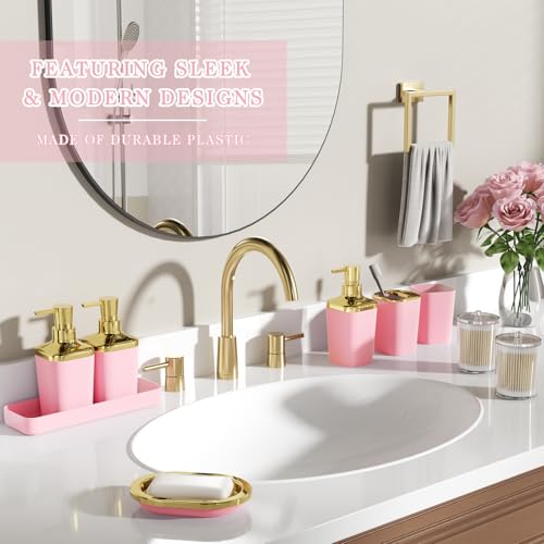Bathroom Set - 11PC Bathroom Accessory Set, Bathroom Accessories Set, Pink Bathroom Set, Push-lid Trash Can, 3PC Soap Dispensers, Toilet Brush & Q-tip Holders - color: Light Pink & Gold, size: Bath Set