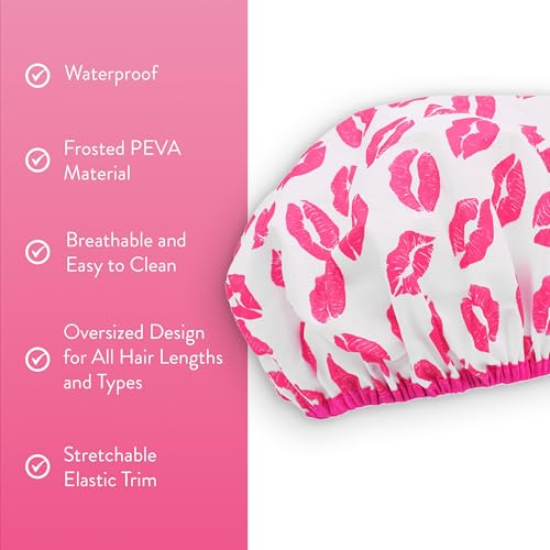 Reusable Shower & Bath Cap & Lined, Oversized Waterproof Shower Caps Large Designed for all Hair Lengths with PEVA Lining & Elastic Band Stretch Hem Hair Hat - Fashionista Showered With Kisses - color: Showered With Kisses