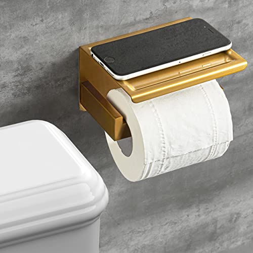 HITSLAM Gold Toilet Paper Holder, Stick on Brushed Brass Toilet Paper Holder with Shelf, Self Adhesive No Drill or Wall-Mount with Screws for Bathroom - color: Brushed Brass, size: Medium