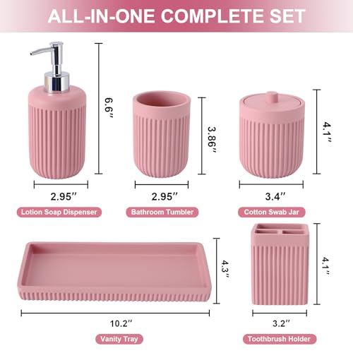 XLHOMO Resin Pink Bathroom Accessories Set 5 Pcs, Lotion Soap Dispenser, Toothbrush Holder, Bathroom Tumbler, Qtip Holder and Vanity Tray, Bathroom Countertop Organizer Set for Modern Home Apartment - color: Pink, size: Resin Bath Set